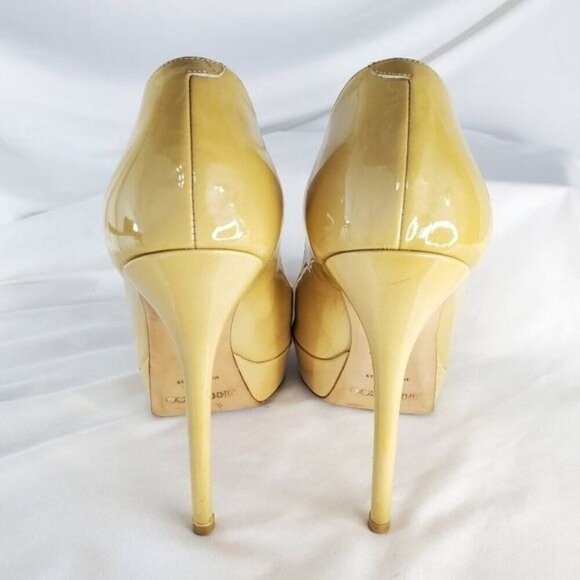 Jimmy Choo Patent Leather Luna “Nude” Tan Crown Open Toe Platform Pump Heel, 37 - Picture 11 of 14
